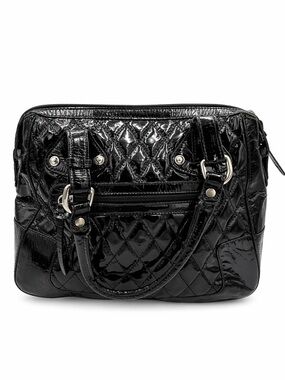 Stuart Weitzman Black Patent Leather Quilted Satchel Bowler Bag Vintage Y2K